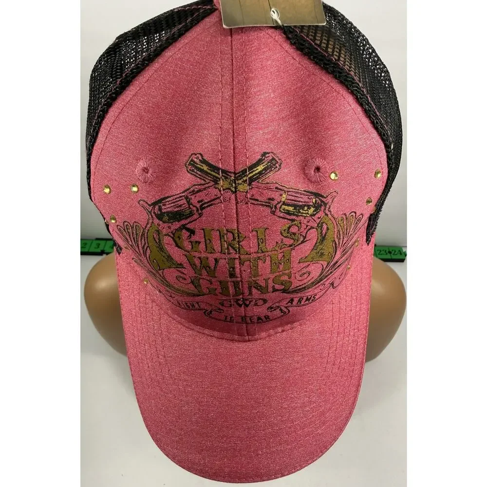Outdoor Cap Girls With Guns Crossing Pistols Trucker Hat Pink Black Gold Sparkle